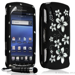 Housse coque rigide complète pour Sony Ericsson Xperia Play couleur noir avec motif fleur + Stylet + film ecran