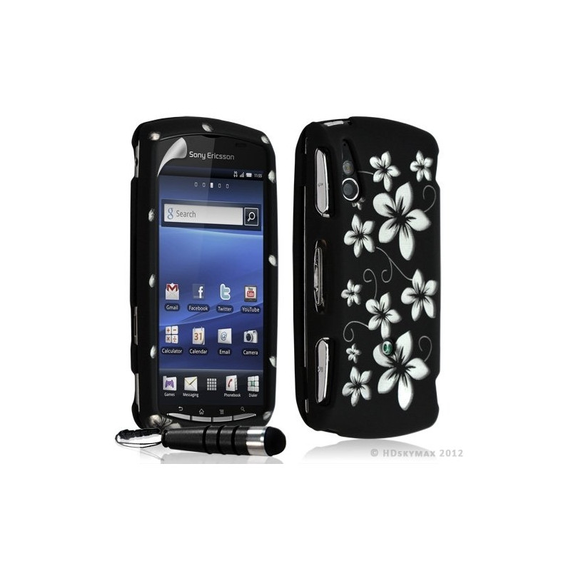 Housse coque rigide complète pour Sony Ericsson Xperia Play couleur noir avec motif fleur + Stylet + film ecran