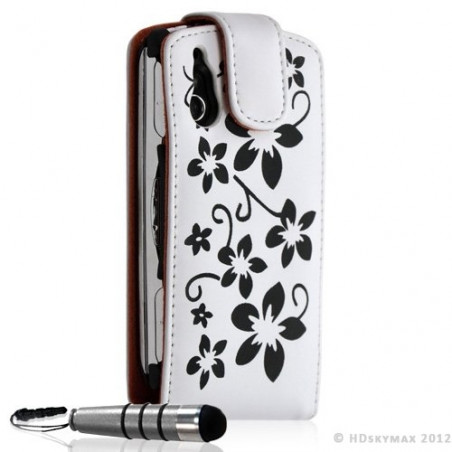 Housse coque étui pour Sony Ericsson Xperia Play motif fleur couleur blanc + Mini Stylet + Film protecteur