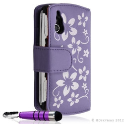 Housse coque étui portefeuille fleur pour Sony Ericsson Xperia Play couleur violet + Stylet + Film ecran
