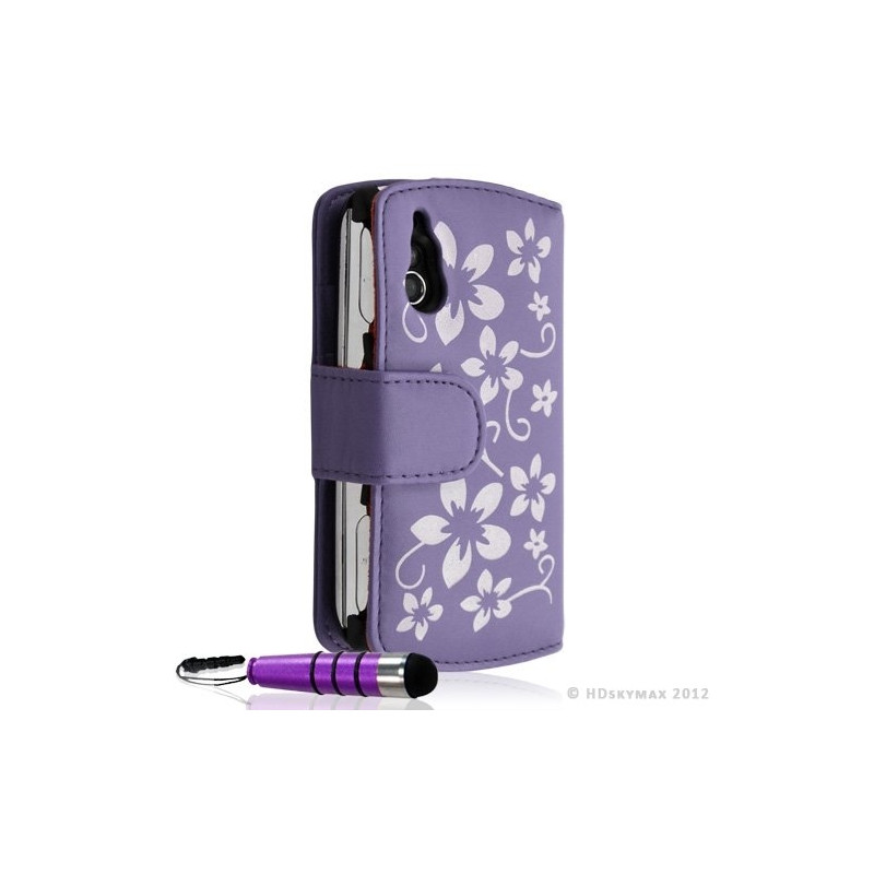 Housse coque étui portefeuille fleur pour Sony Ericsson Xperia Play couleur violet + Stylet + Film ecran