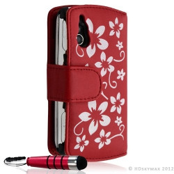 Housse coque étui portefeuille fleur pour Sony Ericsson Xperia Play couleur rouge + Stylet + Film ecran
