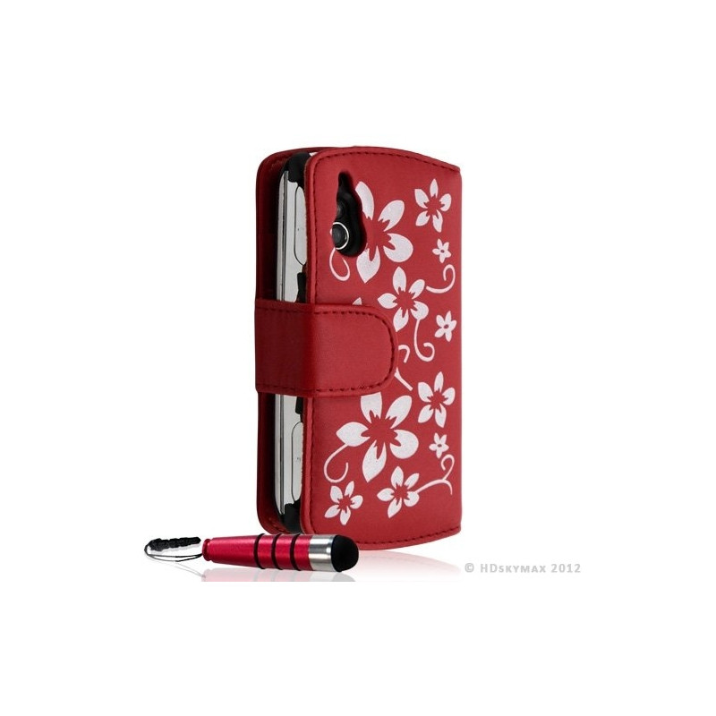 Housse coque étui portefeuille fleur pour Sony Ericsson Xperia Play couleur rouge + Stylet + Film ecran