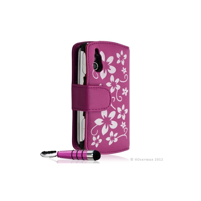 Housse coque étui portefeuille fleur pour Sony Ericsson Xperia Play couleur rose fuschia + Stylet + Film ecran