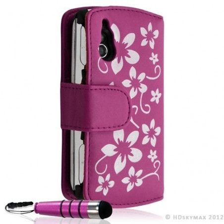 Housse coque étui portefeuille fleur pour Sony Ericsson Xperia Play couleur rose fuschia + Stylet + Film ecran