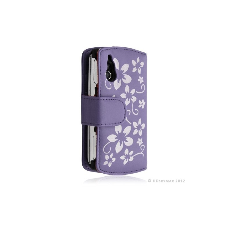 Housse coque étui portefeuille fleur pour Sony Ericsson Xperia Play couleur violet + Film ecran