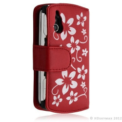 Housse coque étui portefeuille fleur pour Sony Ericsson Xperia Play couleur rouge + Film ecran