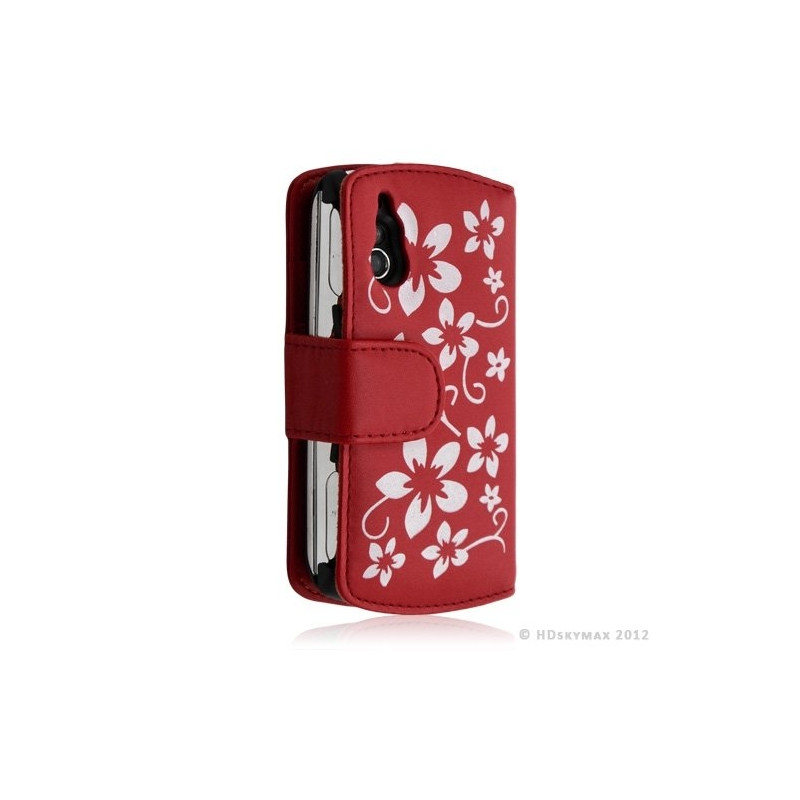 Housse coque étui portefeuille fleur pour Sony Ericsson Xperia Play couleur rouge + Film ecran