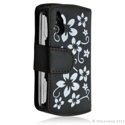Housse coque étui portefeuille fleur pour Sony Ericsson Xperia Play couleur noir + Film ecran