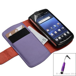Housse coque étui portefeuille pour Sony Ericsson Xperia Play couleur violet + Stylet + Film ecran