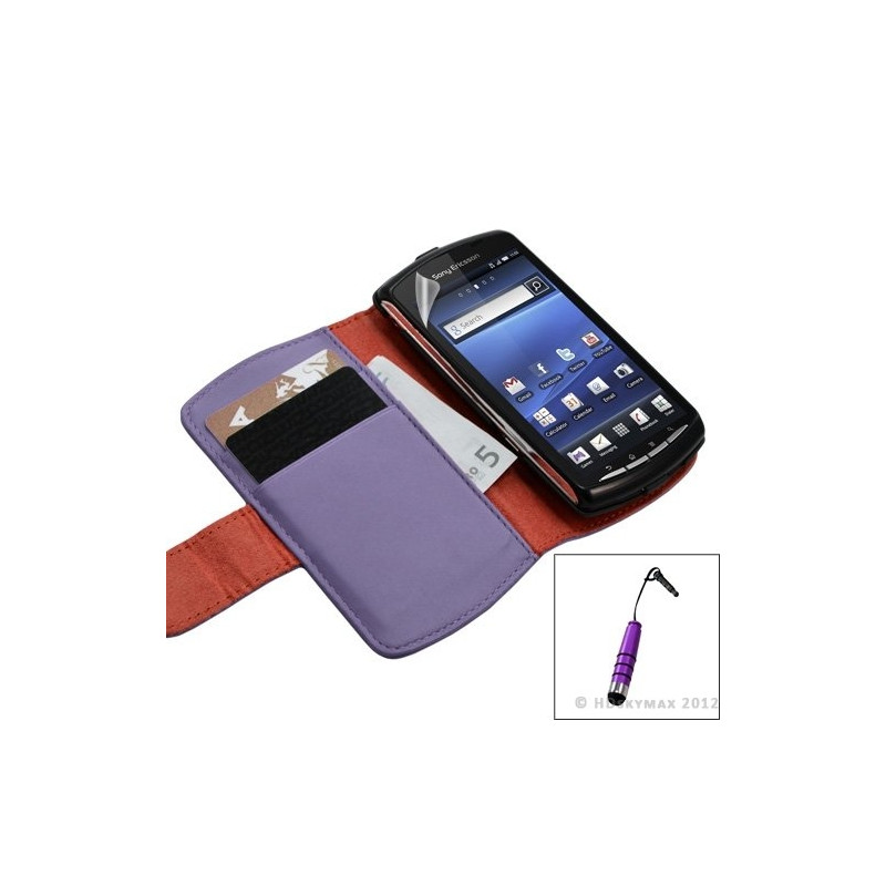 Housse coque étui portefeuille pour Sony Ericsson Xperia Play couleur violet + Stylet + Film ecran