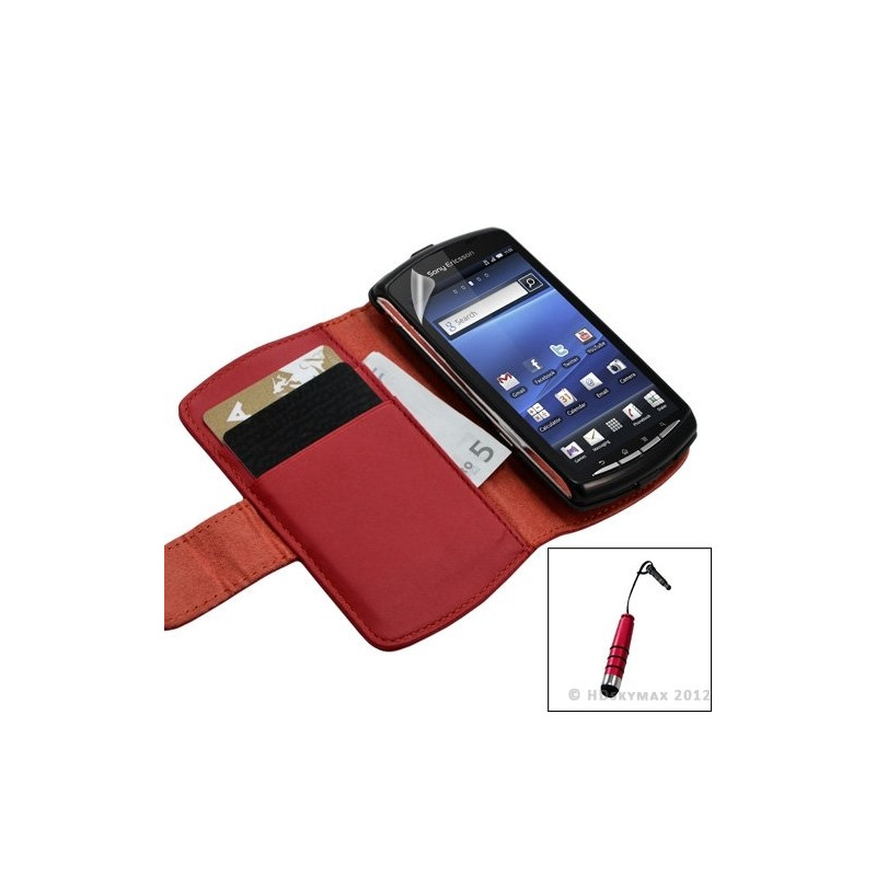 Housse coque étui portefeuille pour Sony Ericsson Xperia Play couleur rouge + Stylet + Film ecran