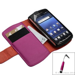 Housse coque étui portefeuille pour Sony Ericsson Xperia Play couleur rose fuschia + Stylet + Film ecran