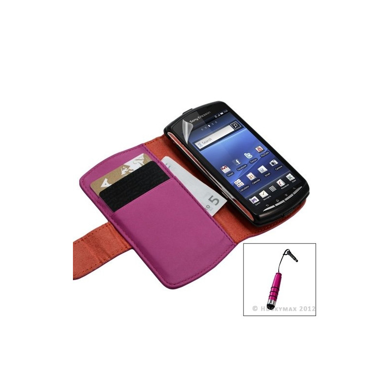 Housse coque étui portefeuille pour Sony Ericsson Xperia Play couleur rose fuschia + Stylet + Film ecran