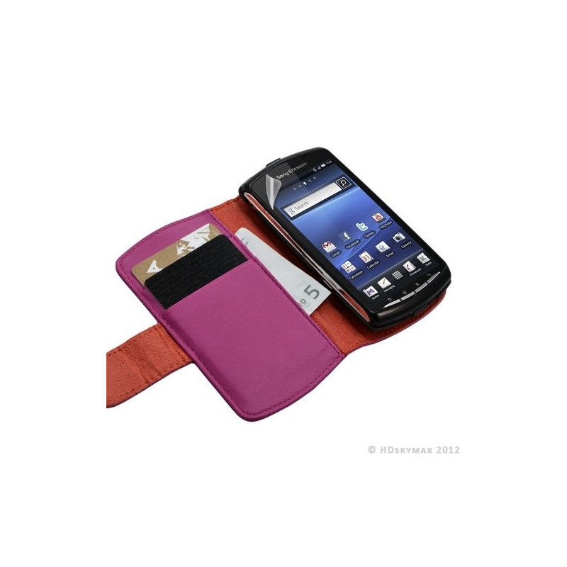 Housse coque étui portefeuille pour Sony Ericsson Xperia Play couleur rose fuschia + Film ecran