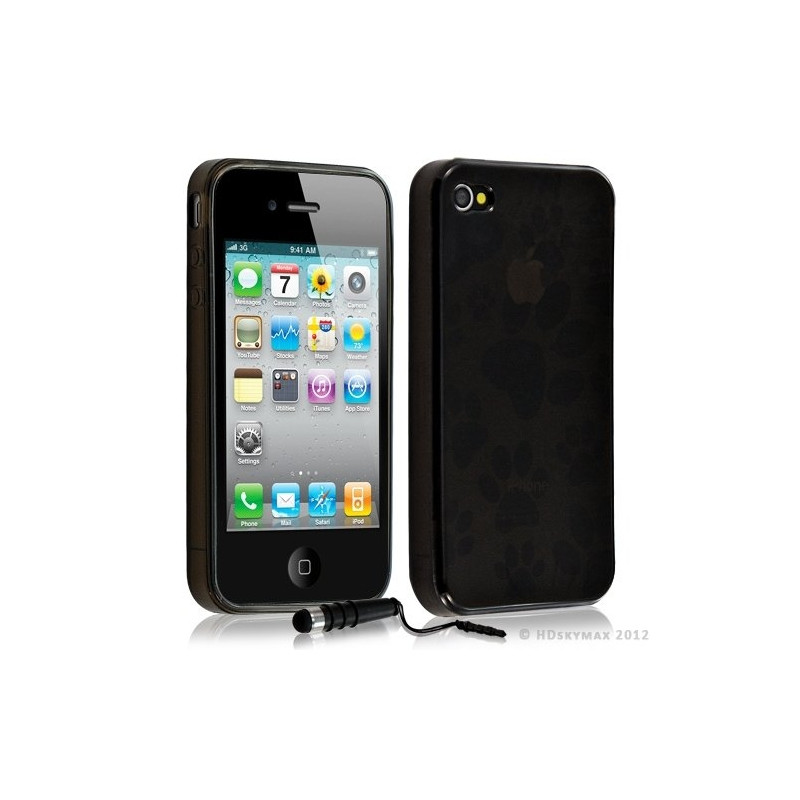 Housse étui coque en gel pour Apple Iphone 4/4S motif patte de chien couleur noir + Stylet