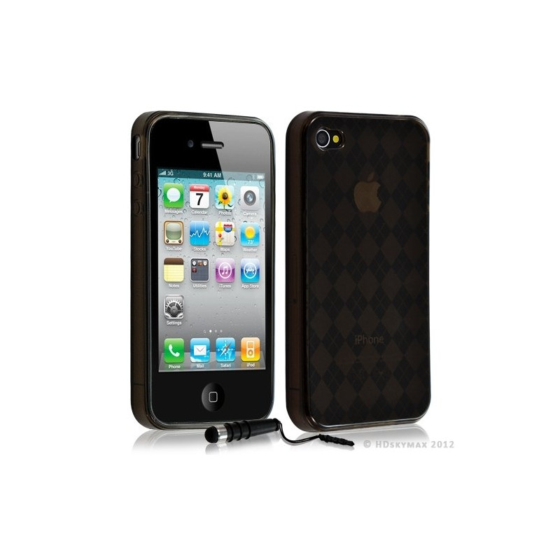 Housse étui coque en gel pour Apple Iphone 4/4S motif damier couleur noir + Stylet