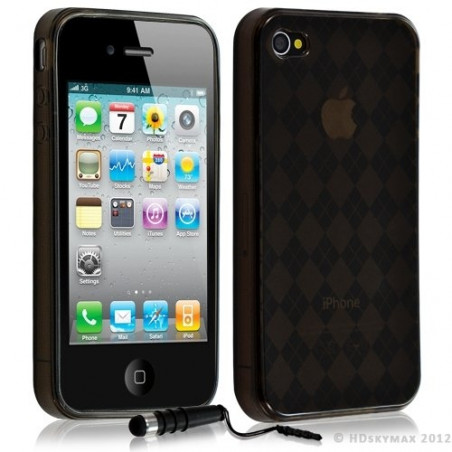 Housse étui coque en gel pour Apple Iphone 4/4S motif damier couleur noir + Stylet