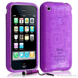 Housse étui coque en gel transparent pour Apple Iphone 3G/3Gs motif carré couleur violet + mini stylet