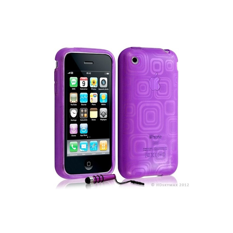 Housse étui coque en gel transparent pour Apple Iphone 3G/3Gs motif carré couleur violet + mini stylet