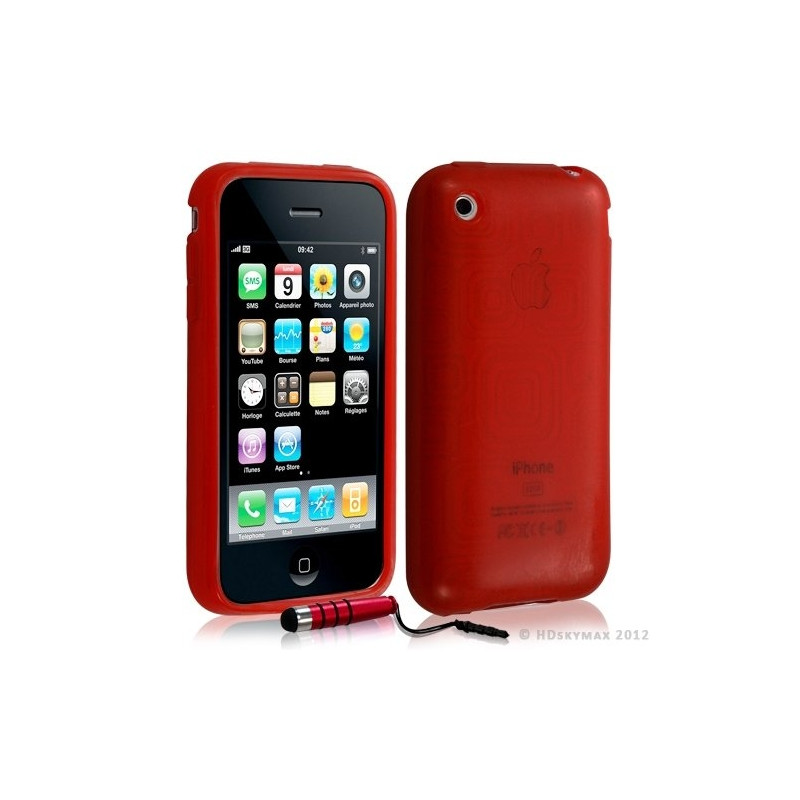 Housse étui coque en gel transparent pour Apple Iphone 3G/3Gs motif carré couleur rouge + mini stylet