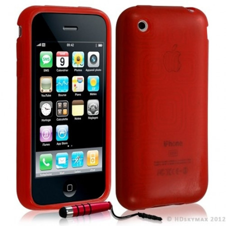 Housse étui coque en gel transparent pour Apple Iphone 3G/3Gs motif carré couleur rouge + mini stylet