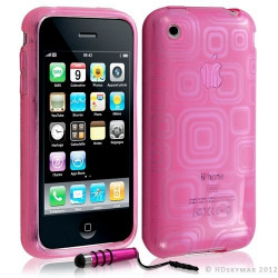 Housse étui coque en gel transparent pour Apple Iphone 3G/3Gs motif carré couleur rose fuschia + mini stylet