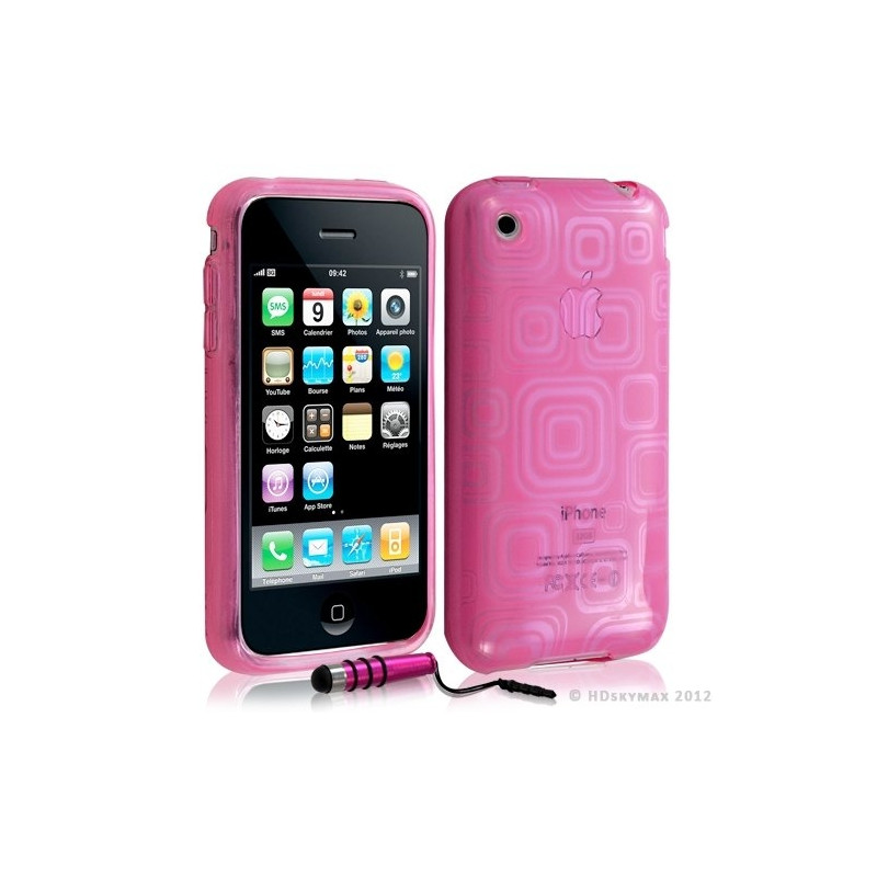 Housse étui coque en gel transparent pour Apple Iphone 3G/3Gs motif carré couleur rose fuschia + mini stylet