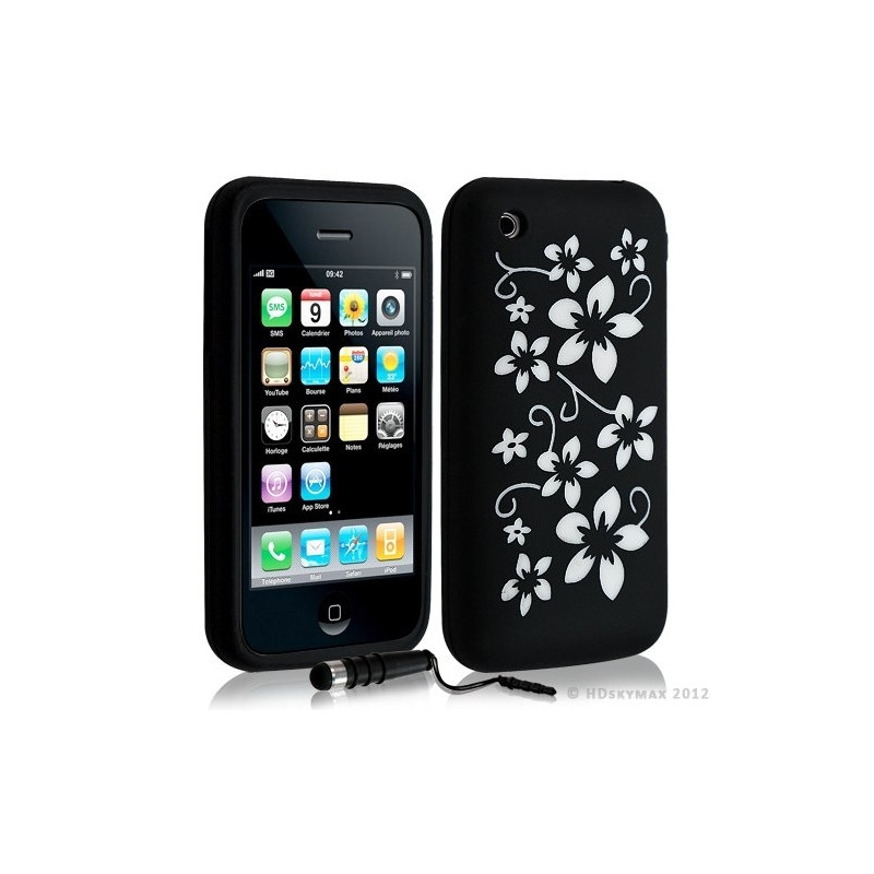 Housse coque etui silicone pour Apple Iphone 3G/3Gs motif fleur couleur noir + Stylet