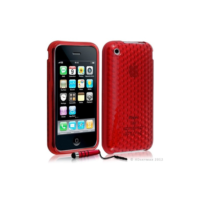 Housse coque etui gel damier transparent pour Apple Iphone 3G/3Gs couleur rouge + Stylet