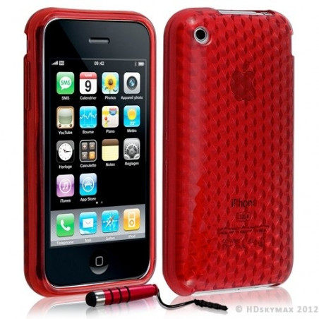 Housse coque etui gel damier transparent pour Apple Iphone 3G/3Gs couleur rouge + Stylet