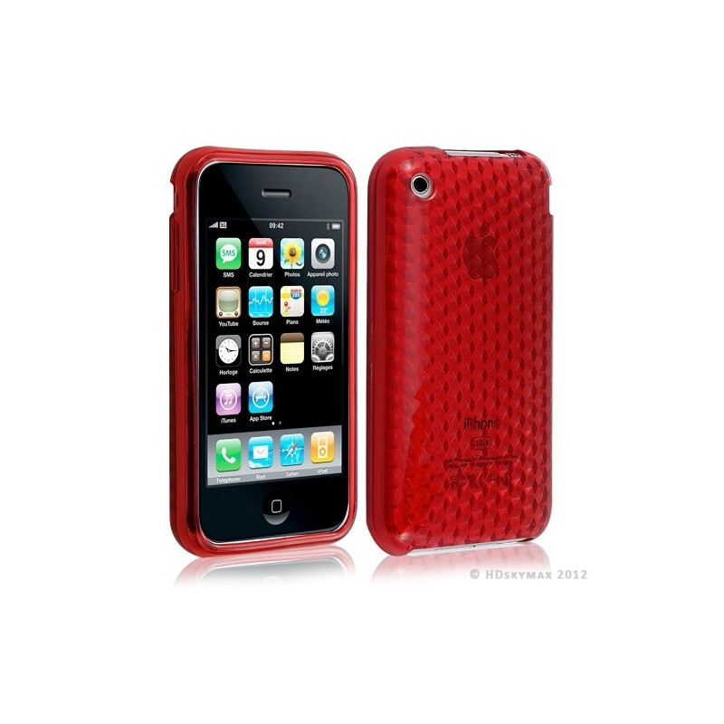 Housse coque etui gel damier transparent pour Apple Iphone 3G/3Gs couleur rouge