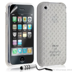 Housse étui coque souple tressée transparent pour Apple Iphone 3G/3GS couleur blanc + Mini Stylet + Film protecteur