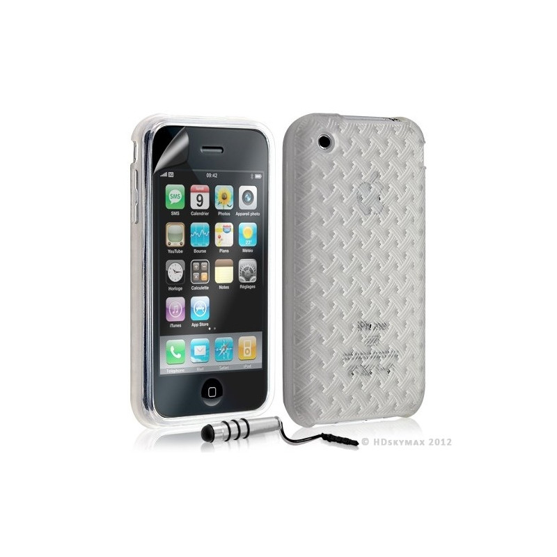 Housse étui coque souple tressée transparent pour Apple Iphone 3G/3GS couleur blanc + Mini Stylet + Film protecteur