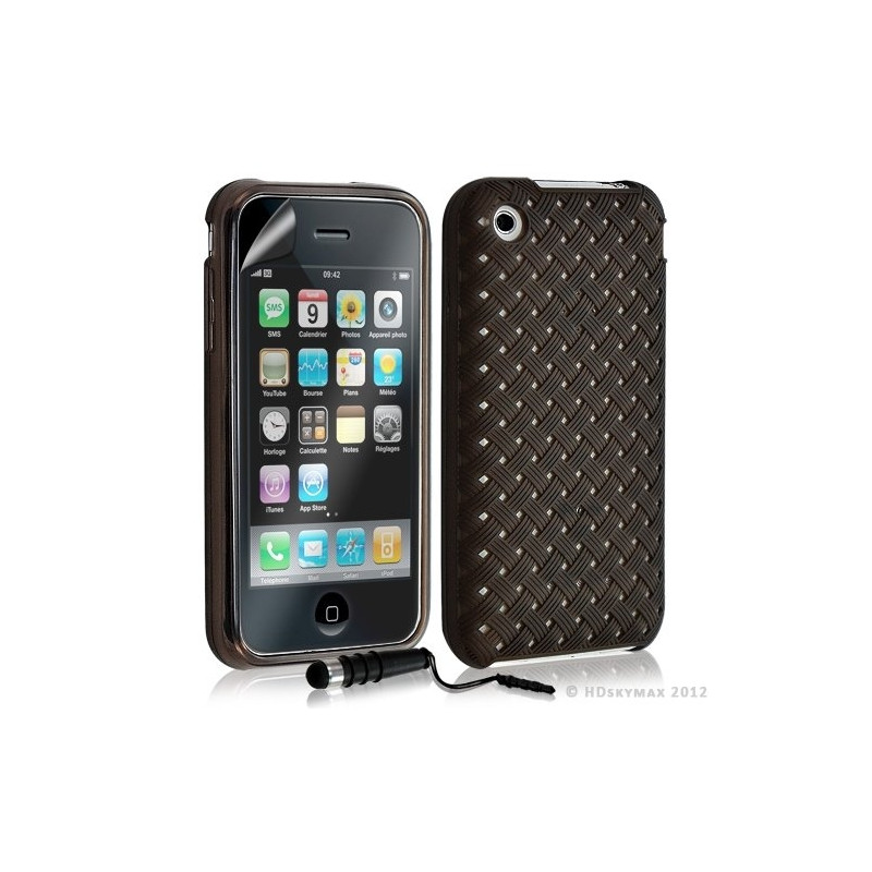 Housse étui coque souple tressée transparent pour Apple Iphone 3G/3GS couleur noir + mini stylet + Film protecteur