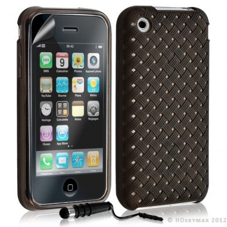 Housse étui coque souple tressée transparent pour Apple Iphone 3G/3GS couleur noir + mini stylet + Film protecteur