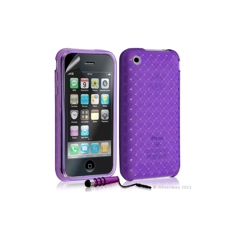 Housse étui coque souple tressée transparent pour Apple Iphone 3G/3GS couleur violet + mini stylet + Film protecteur