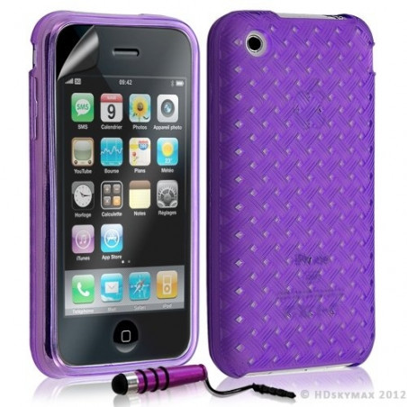 Housse étui coque souple tressée transparent pour Apple Iphone 3G/3GS couleur violet + mini stylet + Film protecteur