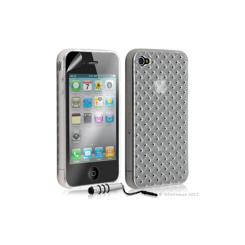 Housse étui coque souple tressée transparent pour Apple Iphone 4/4S couleur blanc + mini stylet + Film protecteur