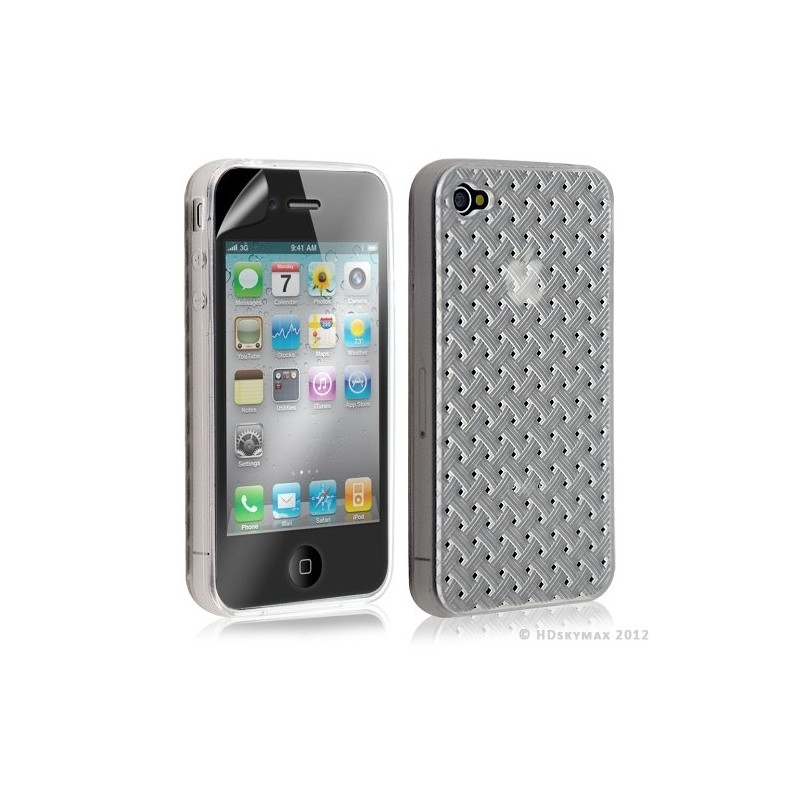 Housse étui coque souple tressée transparent pour Apple Iphone 4/4S couleur blanc + Film protecteur