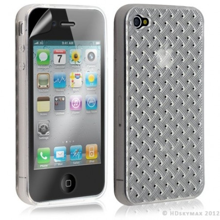 Housse étui coque souple tressée transparent pour Apple Iphone 4/4S couleur blanc + Film protecteur