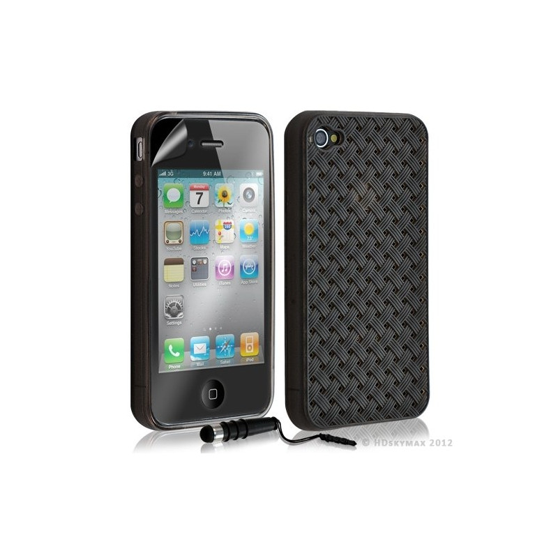 Housse étui coque souple tressée transparent pour Apple Iphone 4/4S couleur noir + mini stylet + Film protecteur