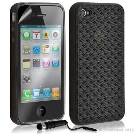 Housse étui coque souple tressée transparent pour Apple Iphone 4/4S couleur noir + mini stylet + Film protecteur