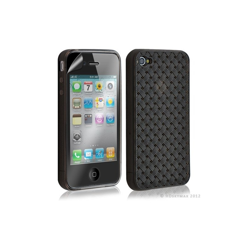 Housse étui coque souple tressée transparent pour Apple Iphone 4/4S couleur noir + Film protecteur