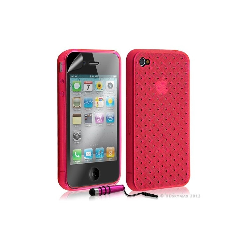 Housse étui coque souple tressée transparent pour Apple Iphone 4/4S couleur rose fuschia + mini stylet + Film protecteur