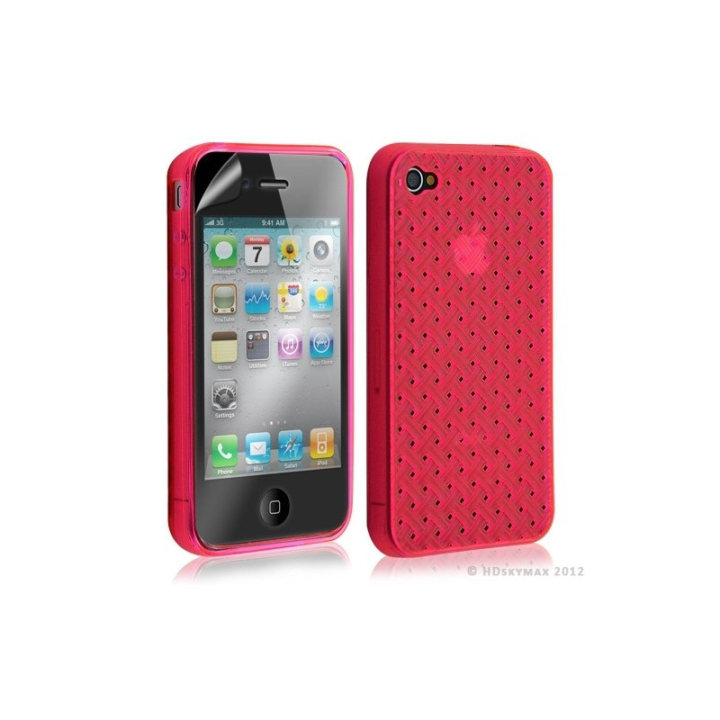 Housse étui coque souple tressée transparent pour Apple Iphone 4/4S couleur rose fuschia + Film protecteur