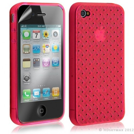 Housse étui coque souple tressée transparent pour Apple Iphone 4/4S couleur rose fuschia + Film protecteur