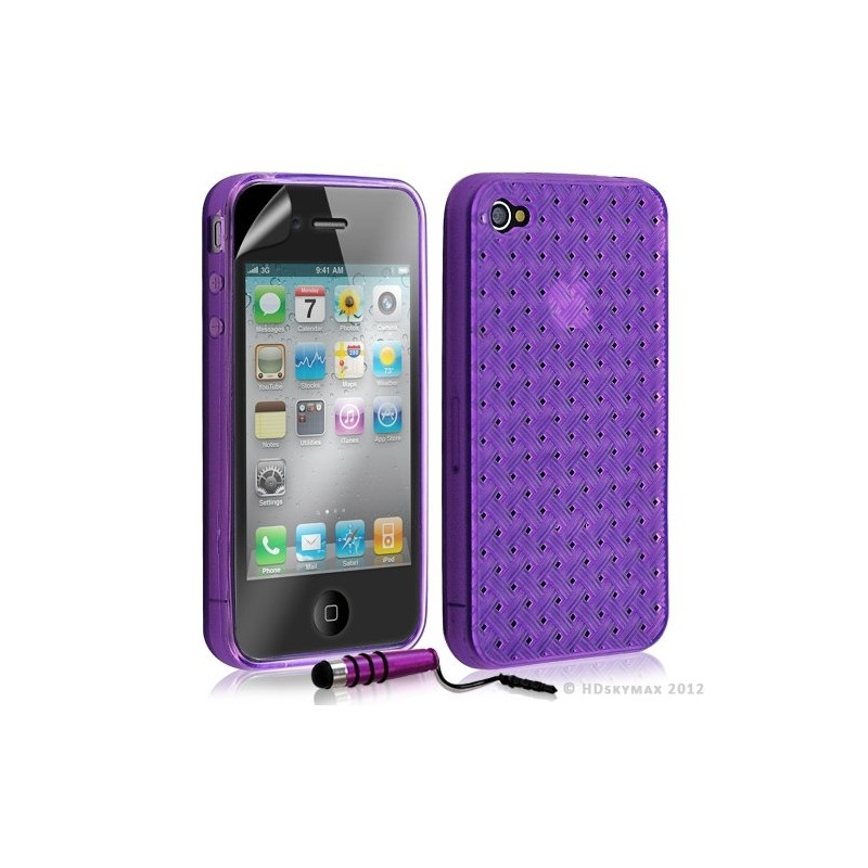 Housse étui coque souple tressée transparent pour Apple Iphone 4/4S couleur violet + mini stylet + Film protecteur