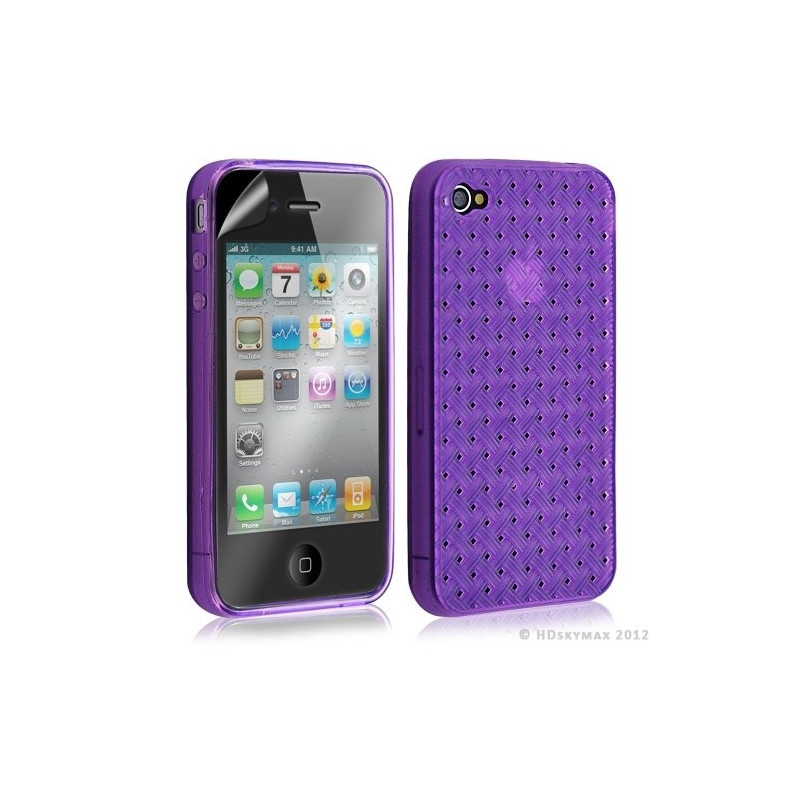 Housse étui coque souple tressée transparent pour Apple Iphone 4/4S couleur violet + Film protecteur