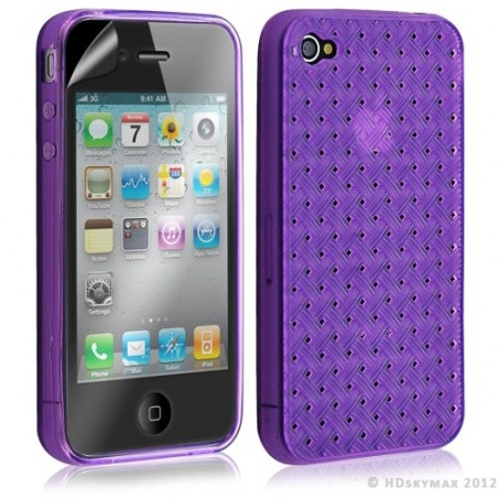 Housse étui coque souple tressée transparent pour Apple Iphone 4/4S couleur violet + Film protecteur